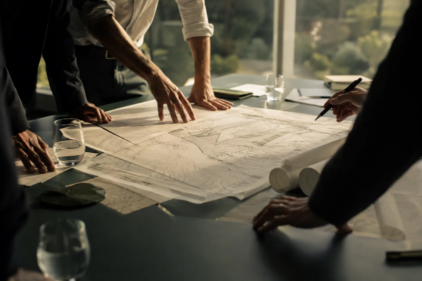 Commercial development team reviewing survey and site-planning documents
