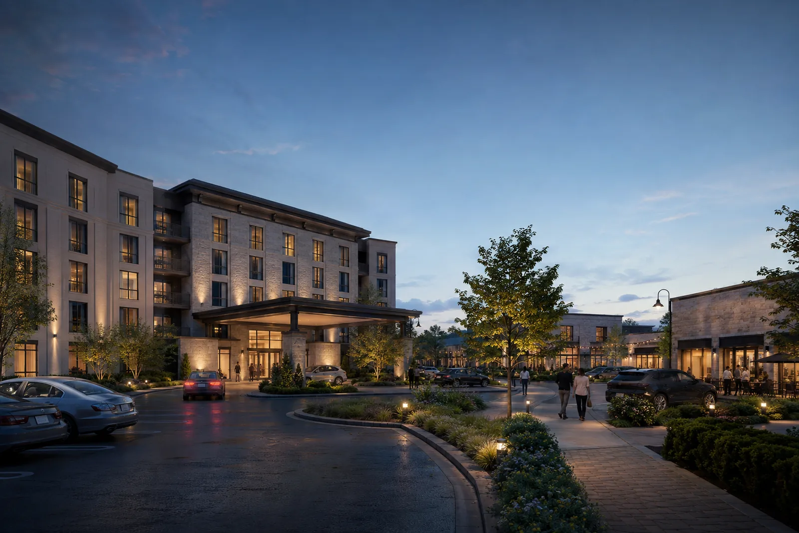 Illustrative hotel and neighborhood commercial development at dusk