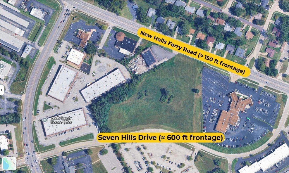 Annotated aerial of the actual Seven Hills commercial property, Seven Hills Drive and New Halls Ferry Road